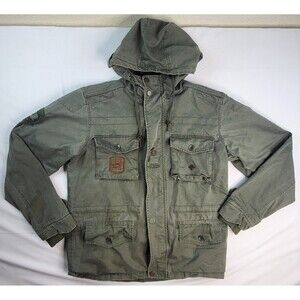 LRG Jacket Mens Med Olive Green Canvas Hooded Field Coat 4 Pocket Outdoor Lined